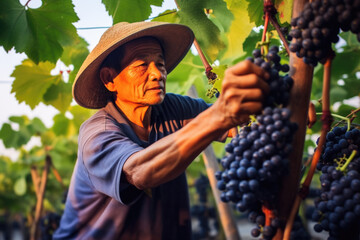 An Asian elderly man picks blue grapes in a plantation