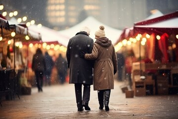 Happy senior couple having fun at outdoor Christmas market. Old couple walking on the city street at winter day. Winter holidays and Christmas shopping concept - obrazy, fototapety, plakaty