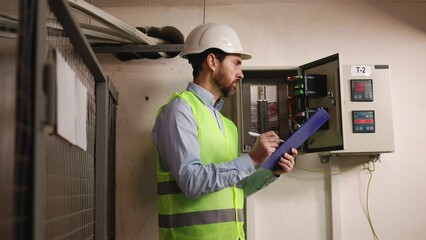 Portrait of a Professional Industry Electrical Engineer Worker Wearing Safety Uniform and Hard Hat Uses Tablet for Data Analysis. Confident Male Industrial Specialist Standing in a Factory Facility.