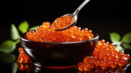 Fresh red caviar in a black bowl on a black background spoon with red caviar - obrazy, fototapety, plakaty