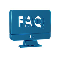 Blue Computer monitor and FAQ icon isolated on transparent background. Adjusting, service, setting, maintenance, repair, fixing.