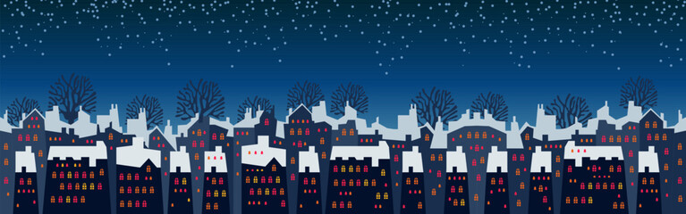 Cute Christmas and winter Night city houses. Snowy Windows of the lights town panorama. - 683320617