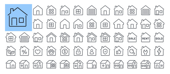 House, home, property, cottage editable stroke outline icons set isolated on white background flat vector illustration. Pixel perfect. 64 x 64. - obrazy, fototapety, plakaty