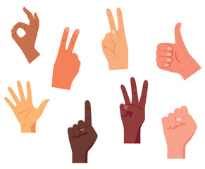 Set of various gestures of human hands isolated on a white background.  Different hand gestures, signs shown with palm and fingers isolated on white background. Flat graphic vector illustratio
