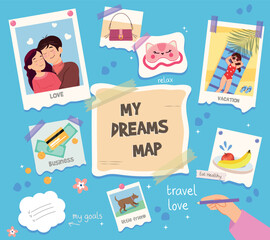 Dreams Vision Board Concept. Vision board samples vector cartoon illustration with dreams and desires.