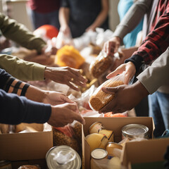 Food drive concept - diverse group of volunteers distributes food among less fortunate - obrazy, fototapety, plakaty