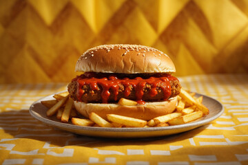 Closeup of a burger in a bun on top of a pile of french fries, on a table set with a yellow tablecloth, in front of a wallpapered wall with a geometric pattern. Generative AI.