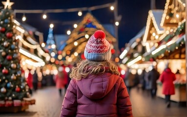 Fototapeta na wymiar Little girl in a hat and coat on the background of a Christmas tree, christmas market, winter season, happy holidays and new year created with generative ai