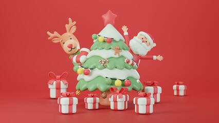 Santa Claus with reindeer and Christmas tree