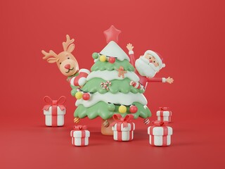 Santa Claus with reindeer and Christmas tree