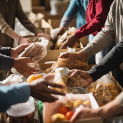 Food drive concept - diverse group of volunteers distributes food among less fortunate