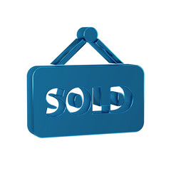 Blue Hanging sign with text Sold icon isolated on transparent background. Sold sticker. Sold signboard.