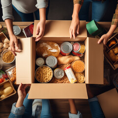 Food drive concept - diverse group of volunteers distributes food among less fortunate