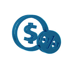 Blue Money coin with percent icon isolated on transparent background. Cash Banking currency sign.