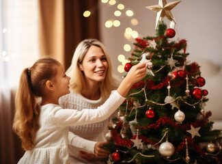 Daughter and mum decorate Christmas tree, home comforts new year