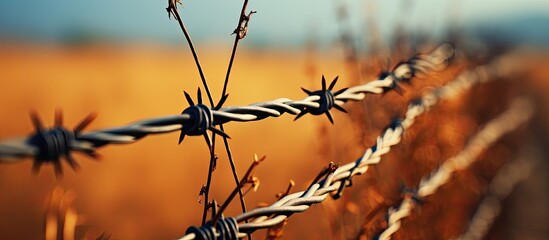 Barbed wire fence shallow DOF - obrazy, fototapety, plakaty