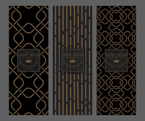 A set of gold abstract patterns on a black background. Template for packaging design, cover, invitation, banner and creative idea