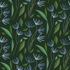 wildflowers seamless vector pattern, dark green background, plant doodle print