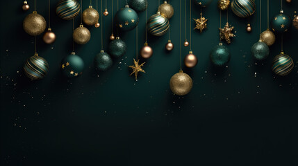 Christmas card with xmas decoration on dark green background