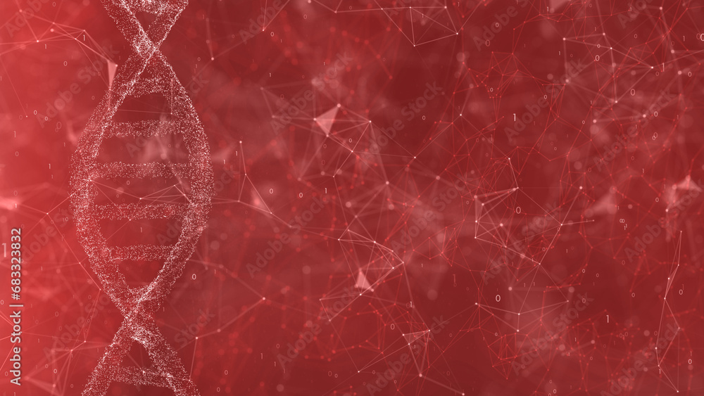 Poster dna chain with lines dots network on red background. concept science illustration.