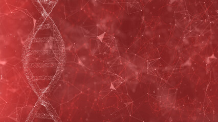 Dna chain with lines dots network on red background. Concept science illustration.