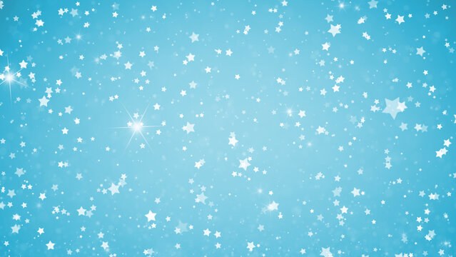  Bright blue winter holiday sky with stars and snowflakes. Illustration.