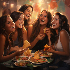 Friends eating tacos. - obrazy, fototapety, plakaty