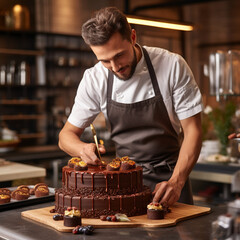 Pastry man making a chocolate cake. - obrazy, fototapety, plakaty