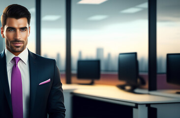 Fototapeta premium Confident handsome businessman in formal suit posing in modern office. Career, business growth and success concept