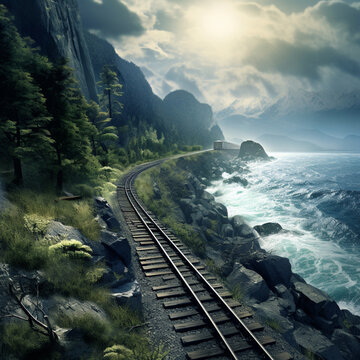Train tracks next to the sea.