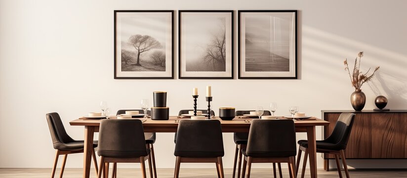 Modern home decor with a stylish dining room wooden family table black chairs teapot with mug mock up art paintings and elegant accessories