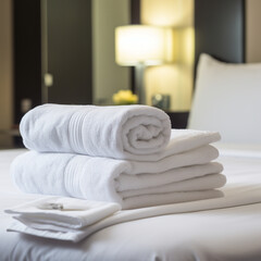 Clean white towels on a hotel bed.