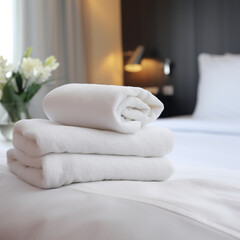 Clean white towels on a hotel bed.