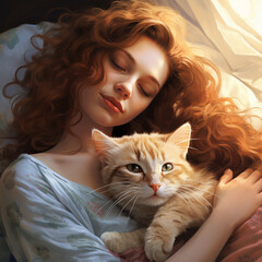 Woman sleeping with her cat in bed.