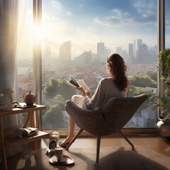 Woman having coffee with a book on a balcony overlooking the city. - obrazy, fototapety, plakaty