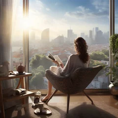 Fototapeten Woman having coffee with a book on a balcony overlooking the city. © DALU11