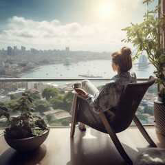 Woman having coffee with a book on a balcony overlooking the city.