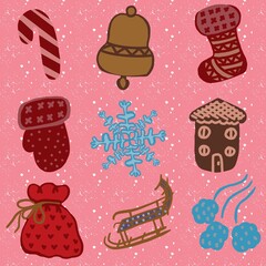 christmas pattern gift cookies with powdered sugar, cookies with glaze, mitten, sock, snowflake, house, gift bag, sleigh, snowballs, Christmas and New Year's sweets