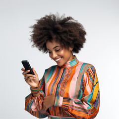 Fototapeta na wymiar black female model in her 30's with freckles and 80's style afro taking a selfie looking at her phone, fashionable stylish dress, model, no makeup, studio lighting, bright image, natural beauty, off w