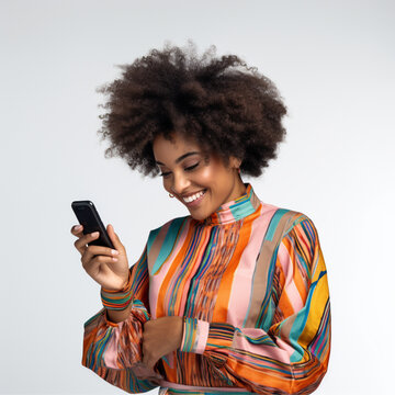 black female model in her 30's with freckles and 80's style afro taking a selfie looking at her phone, fashionable stylish dress, model, no makeup, studio lighting, bright image, natural beauty, off w
