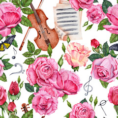 Seamless pattern with pink and red roses, violin with a bow, sheet music pages and perfume bottle. Hand drawn watercolor illustration isolated on transparent background. Design elements for wallpaper. © Svetlana