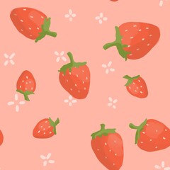 Strawberry illustration seamless pattern in bright red colors.
