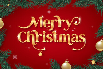 Shiny golden merry Christmas text on red background frame decorated with green pine leaves and balls at border