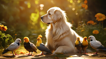 Happy female dog with three puppies in the courtyard of the townhouse in summer, selective focus.
Golden retriever puppy playfully sitting in a sunlit garden, manifesting pure joy and playfulness
