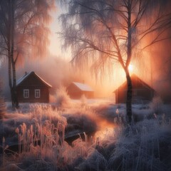 Fototapeta premium Beautiful winter landscape at sunset in a small snowy town