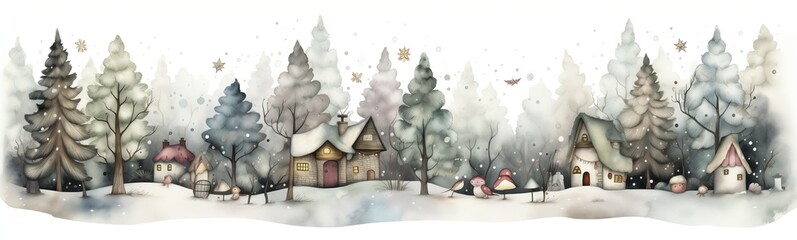 A beautiful small village covered with snow in winter with pine trees, characters, houses, magic birds ands stars, snowflakes, magical fairy-tale scene, naive drawing decorative frieze or page border