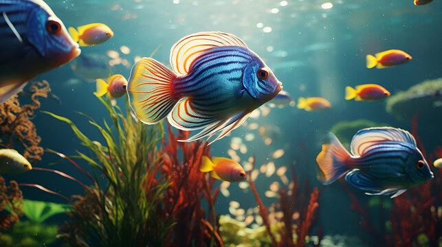 vibrant TROPICAL FISH swimming in a LUXURIOUSLY PLANTED TANK