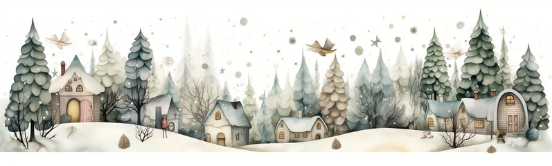 A beautiful small village covered with snow in winter with pine trees, characters, houses, magic birds ands stars, snowflakes, magical fairy-tale scene, naive drawing decorative frieze or page border - obrazy, fototapety, plakaty