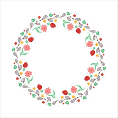 Fototapeta premium Easter wreath. Willow buds, flowers, heart, eggs. Doodle vector illustration.