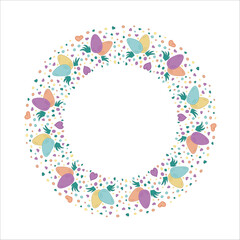 Easter wreath. Willow buds, flowers, heart, eggs. Doodle vector illustration.